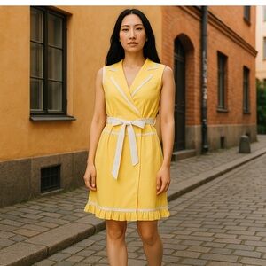 Kay Unger gorgeous yellow dress with white trim and sash tie! Gorgeous dress!
